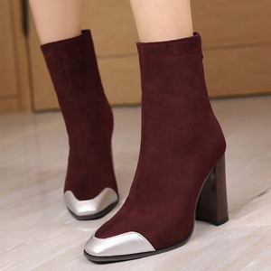 <b>Round</b> <b>Toe</b> Women's Patchwork Short Boots High Chunky <b>Heels</b> Ankle Booties Back Zipper Large Size 50 Wide Fit Shoes - Product Image 2