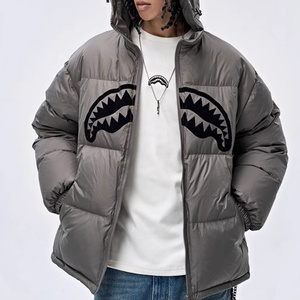 Blouson matelassé pour femme avec capuche graphique - Manteau d'hiver unisexe à motif bouche de requin, veste courte chaude style streetwear - Product Image 2