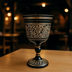 Gobelet en laiton émaillé noir avec motif floral doré gravé, style vintage décoratif, tasse à boire en laiton, vaisselle en métal ornée - Product Image 1