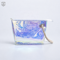 Pochette cosmétique pliable en PVC irisé avec logo personnalisé, fermeture éclair, sac à maquillage holographique, poignée en corde, organiseur de voyage imperméable