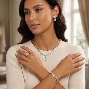 Fabricants de bijoux, collier, boucles d'oreilles, bracelets et bague en argent 925, design goutte d'eau et halo, pour femmes, ensemble de bijoux de luxe pour mariage - Product Image 2