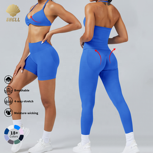 Set Sportivo CNSHELL Senza Cuciture da 9 Pezzi con Pantaloncini Arricciati sui Fianchi, Leggings, Reggiseni Integrati, Reggiseno Sportivo a Fasce ad Alto Impatto, Canotta, Giacca per Palestra - Product Image 2
