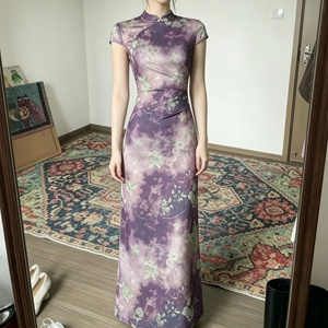 Nouvelle robe longue maxi moulante à imprimé floral violet de style chinois, col Cheongsam, pour femme, rétro, élégante, vintage, avec fente latérale - Product Image 5