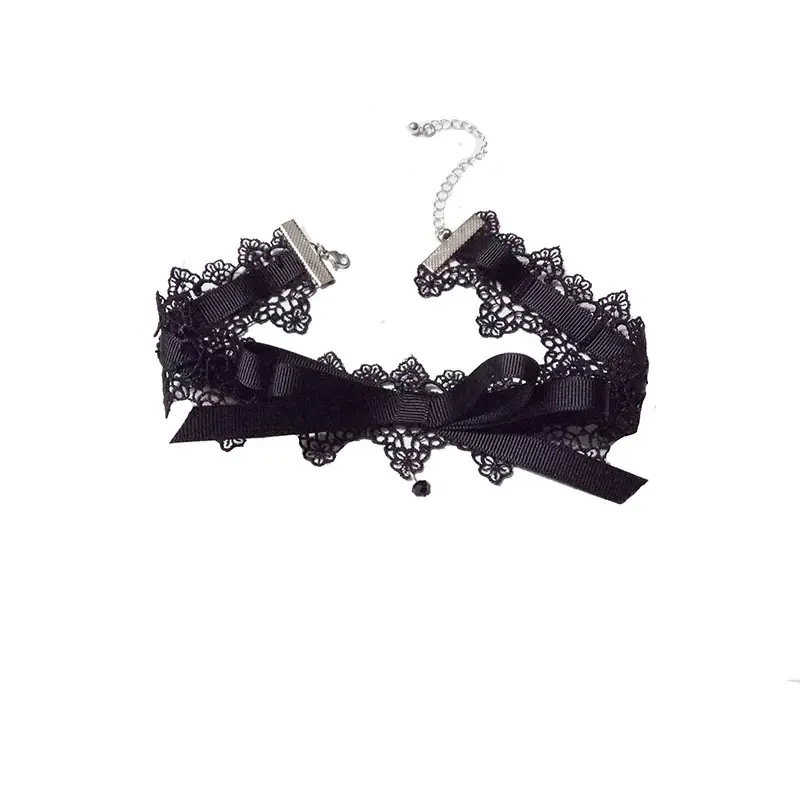 귀여운 화이트 블랙 레이스 나비 나비 매듭 쇄골 체인 목걸이 여성용 크리스탈 벨 펜던트 초커 목걸이 패션 쥬얼리