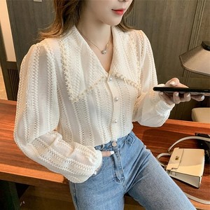 Chemise blanche <span class=keywords><strong>chic</strong></span> et élégante pour femme avec boutons perlés creux, col Peter Pan doux, chemise en crochet pour femmes - Product Image 6