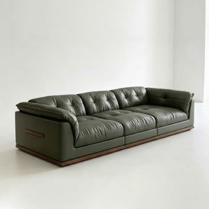 Sofá Chesterfield de 3 plazas en cuero genuino verde con respaldo capitoné y base de madera para sala de estar - Product Image 1