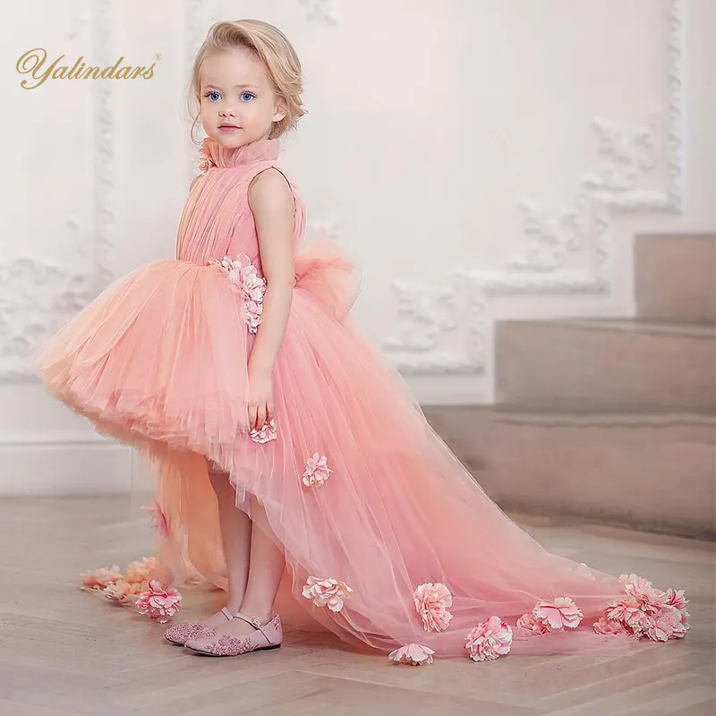 2022 New Fashion Girl Party Wear Sleeveless High-low 3D Flowers Bow Lace Ball Gown Flower Girls Tulle Pink Dress