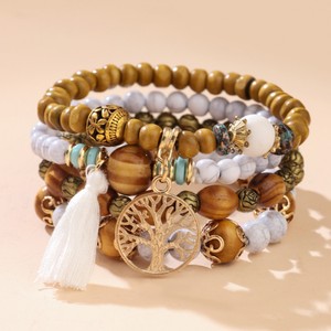 Bohemian Style Multi Layered Wooden <b>Bead</b> Bracelet <b>Set</b> Tree Of Life Charm Elastic Unisex Jewelry Yiwu Origin - Product Image 4