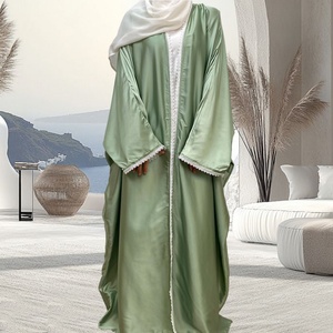 9.9 Smooth Satin Muslim Women Latest <b>Abaya</b> Shiny Diamond With Lace Border Batwing Sleeves Gaily New Muslim Open <b>Abaya</b> 1429# - Product Image 3