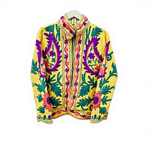 Sujani Khadi Cotton Eco-Friendly Mandarin Collar Double-Breasted Satin <b>Jacket</b> Fringed <b>Sequins</b> Patchwork Decorations Custom Linen - Product Image 1