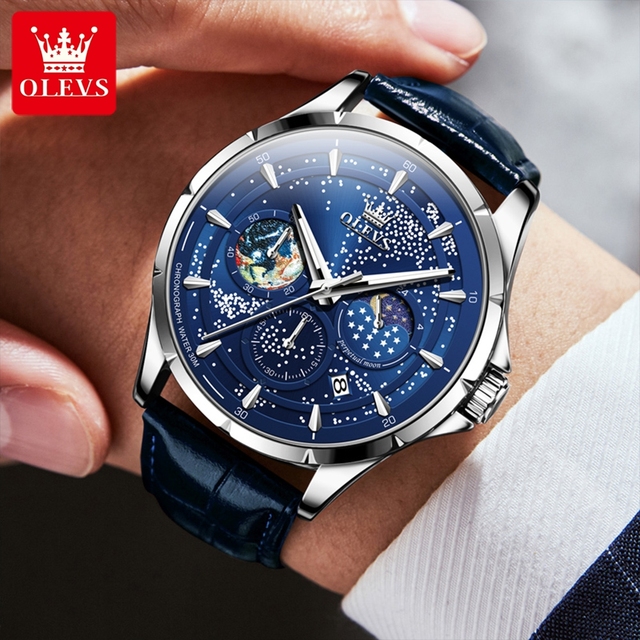 OLEVS 5538 Blue Quartz Watch Fashion Casual Diamond Design Mens Watches Luxury Business Moon Star Wristwatch