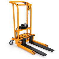 Chariot élévateur à palettes électrique compact avec fourches en acier noir, capacité de charge de 1 tonne, levage par câble métallique pour entrepôt intérieur/extérieur