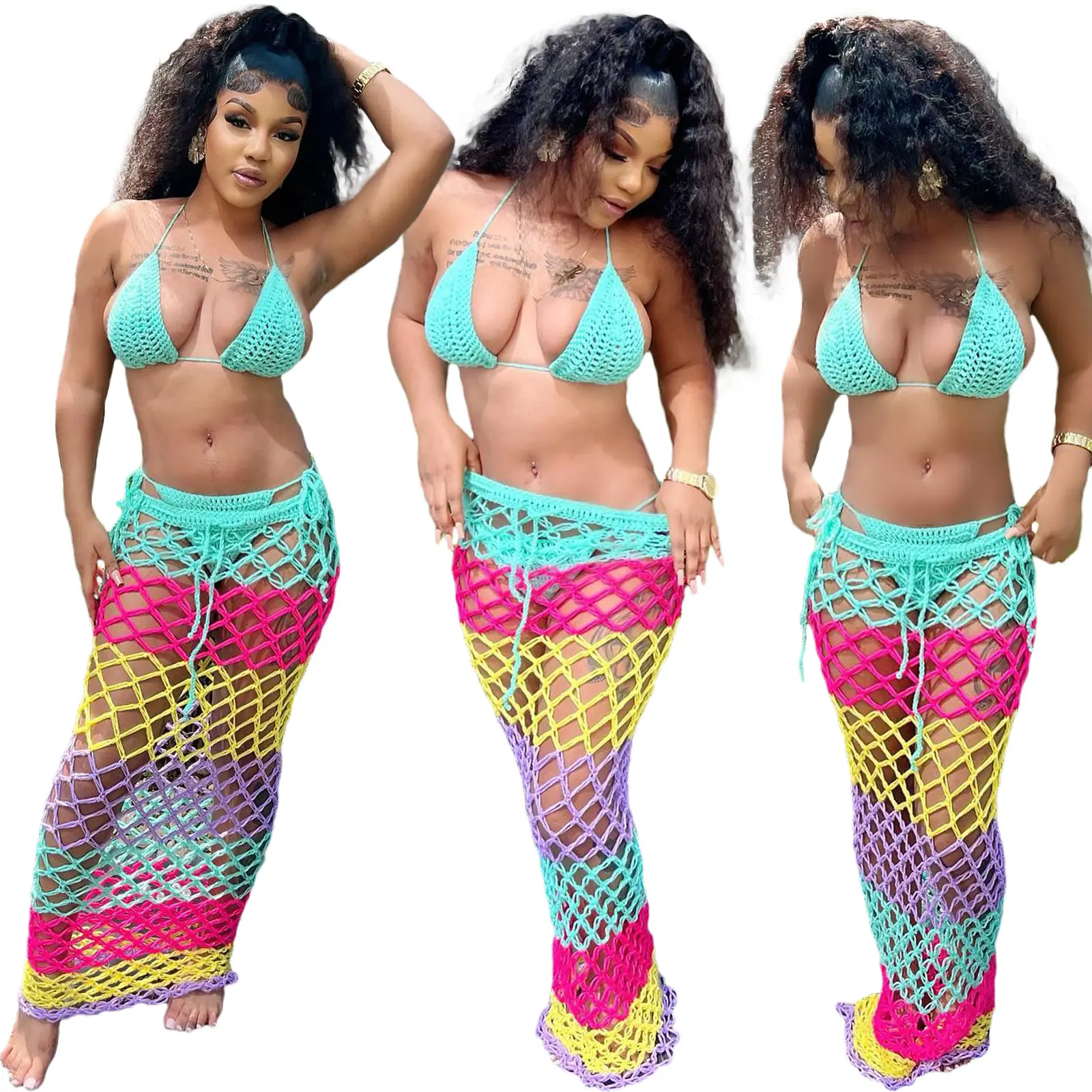 3pc Beach Wear Woman Swimwear Striped Print Crochet Halter Tops Beach Bikini Swimsuit Cover Up for Women See Through Bikini Set