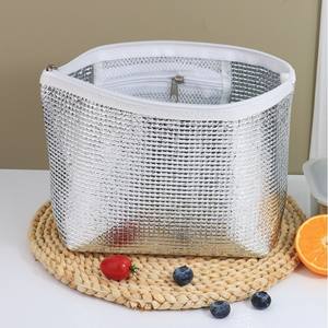 Silver Insulated Lunch <b>Bag</b> With Mesh Lining Aluminum <b>Material</b> Zipper Closure For Food Storage - Product Image 3