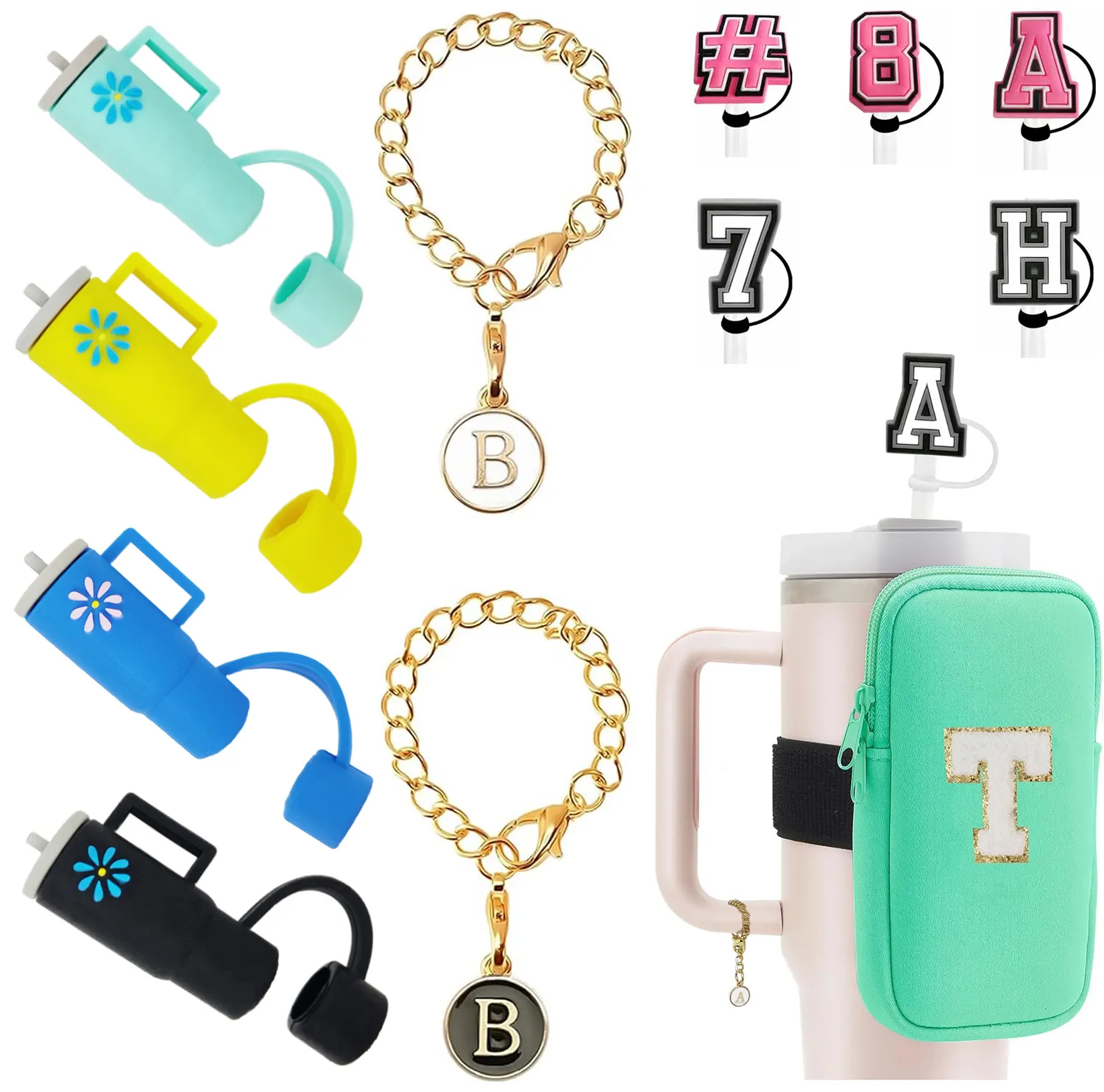 DD2350 Personalized Cup Accessories Letter Charms Name ID Initial Letter Number Tumbler Straw Cover & Pouch for Cup