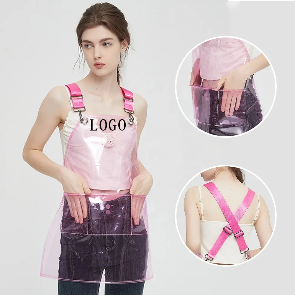 Factory price custom LOGO transparent waterproof Pink Pvc Transparent Apron for nail salon TPU plastic clear apron