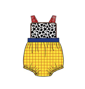 SR4114 Personalizado Mono de bebé infantil con estampado de vaca y leopardo a cuadros amarillos, de manga volante, tipo burbuja, para niña, al por mayor - Product Image 1