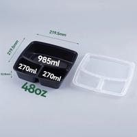 Échantillon gratuit, boîte à lunch jetable pour restaurant, 3 compartiments, 48 oz, noire, en plastique, résistante au micro-ondes, contenants alimentaires à emporter