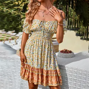 Оптовая продажа, женское платье на одно плечо с цветочным принтом в стиле бохо, летнее повседневное богемное платье в европейском стиле