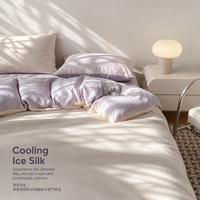 Parure de lit en soie glacée 4 pièces avec draps en satin rafraîchissant réversibles couleur unie, haute densité classe A, double face AB