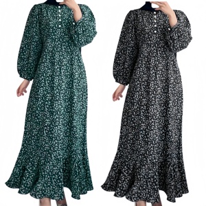 Vestido musulmán de talla grande con volantes para mujer, manga larga acampanada, cuello redondo, botón, bata holgada, estampado de puntos, vestidos largos informales para mujer - Product Image 1