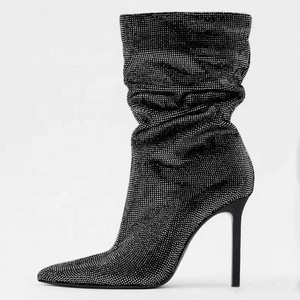 Botines de tacón de aguja con punta fina y diamantes plisados, botines cortos de invierno con pedrería brillante para mujer - Product Image 5
