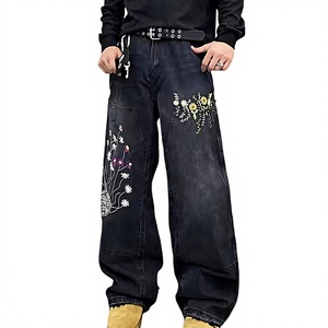 Jean baggy personnalisé pour homme, broderie florale, denim noir délavé, pantalon streetwear hip-hop, coupe large - Product Image 6