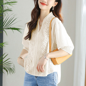 Camisa de Algodón con Bordado Francés para Mujer, Manga Corta, Verano 2026, Hermosa Camiseta Juvenil, Top Chic - Product Image 6