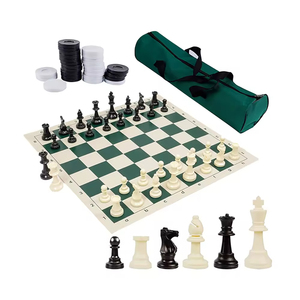 Bộ cờ vua thi đấu - Có đầy đủ quân cờ và bàn cờ cuộn bằng da vinyl màu xanh lá cây - Product Image 1