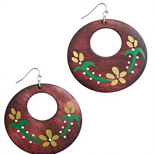 Boucles d'oreilles créoles en résine et bois pour femme, style bohème, plaqué or, forme goutte d'eau avec rayures turquoise, bijoux de mode pour femme - Product Image 2