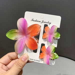 Nouvelle Collection 2026 : Lot de 3 Pinces à Cheveux Unisexe en PC, Motif Fleur de Plumeria Arc-en-ciel, 8 cm – Assortiment Hawaïen Frangipani pour l'Été - Product Image 4