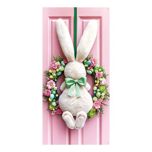 Décoration de porte de fête de Pâques en gros, nouvelle collection, avec lapin tenant des œufs et panneau de bienvenue, fond et drapeaux suspendus - Product Image 1