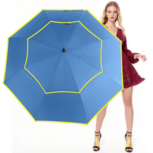 Parapluie de golf automatique coupe-vent avec tissu bleu personnalisé avec bordure sur le bord et trou d'aération sur la couche extérieure - Product Image 2