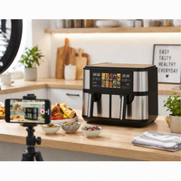 Four à friture sans huile multifonctionnel à double panier en plastique avec panneau de commande numérique TFT et capacité de 8L, électrique intelligent
