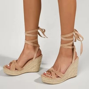 Design de fabricant personnalisé mode d'été <span class=keywords><strong>à</strong></span> lacets talon haut couleur abricot plate-forme noeud avant jambe Espadrille sandales <span class=keywords><strong>compensées</strong></span> - Product Image 3