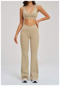 Conjunto Deportivo para Mujer, Bra de Yoga y Pantalones de Cintura Alta con Corte Acampanado, Tallas Grandes, Ropa Deportiva, Spandex/Nailon, Diseño a Cuadros, Sin Costuras, Elegante - Product Image 5