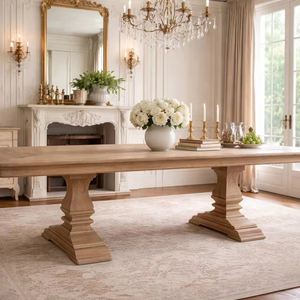 Bộ bàn ăn gỗ sồi nguyên khối kiểu nông trại Pháp cổ điển sang trọng HL704-300, hình chữ nhật, có thể kéo dài, 8 chỗ ngồi - Product Image 1