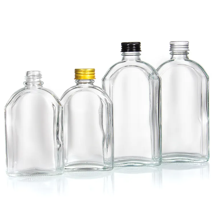 Botella de vidrio transparente con tapa de Metal, frasco plano cuadrado de 100ml, 200ml, 375ml, para café o Vodka