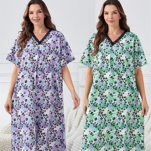 Summer <strong>Pyjamas</strong> Women's V-Neck Lace Loose Short-Sleeved Skin-Relaxed Pajamas Lighted Floral <strong>One</strong> Meter Three-Length Dress - Product Image 1