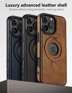 Kickstand Magnetic Stand <b>Holder</b> <b>Ring</b> Magnetic <b>Phone</b> Case For iPhone 17 Air 13 15 16 Pro Max 14 Plus Hollow Logo PU Leather Cover - Product Image 2