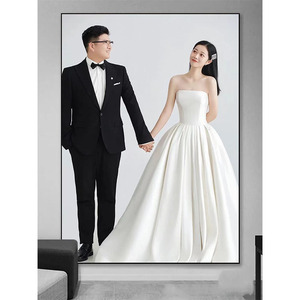 Strapless Satin Ball Gown Wedding Dress Natural Waist White Floor Length With Train Simple Style For Bridal Portrait Photography - Product Image 1