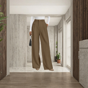 Pantalon en crêpe taille haute pour femme, coupe ample, plissé, couleur unie, style bureau, longueur complète, fermeture boutonnée, style automne - Product Image 3