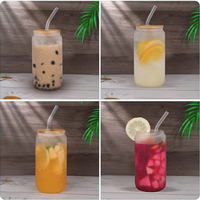 Botol kaca tutup bambu 16oz kaca bir sublimasi bening kosong dengan tutup bambu dan cangkir hadiah bir sedotan