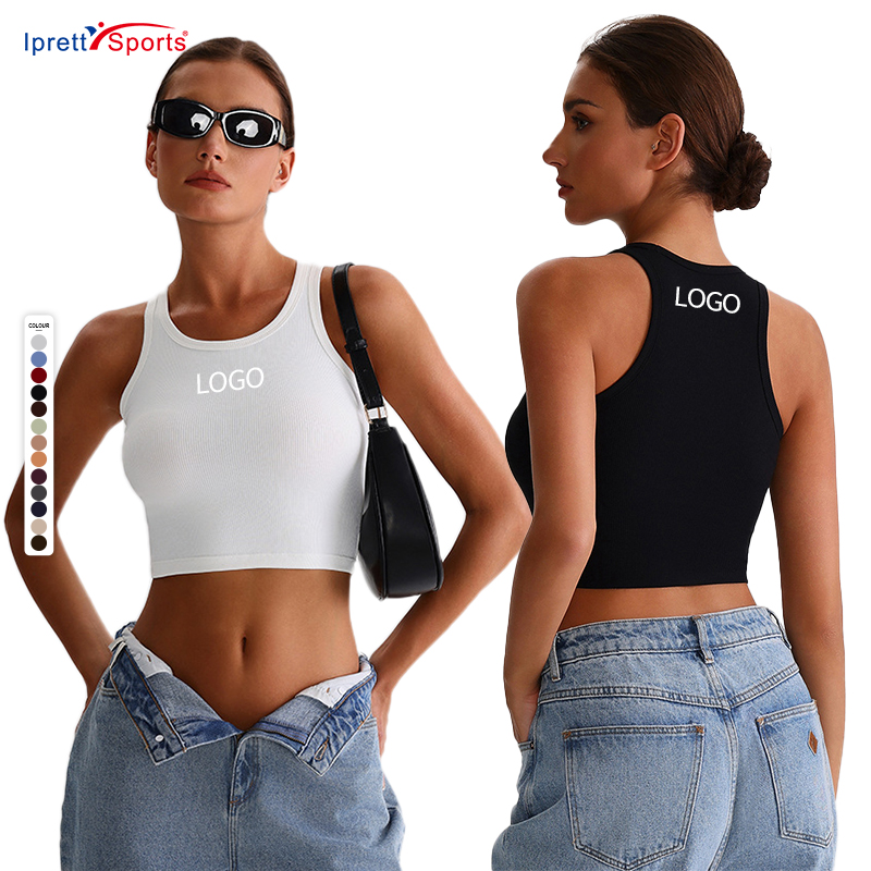 Women's Round Neck Gym Yoga Clothing Ribbed Breathable Fashion Padded Workout Fitness Basic Simple Vest Sleeveless Crop Top