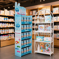 Présentoir de sol en carton personnalisé, présentoir de vente au détail multi-niveaux pour produits de sucettes pour bébés, promotion en supermarché et centre commercial