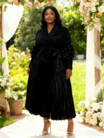 Nouvelle arrivée, robe plissée Miyaki à col en V profond, manches fleuries, couleur unie, taille plus, paillettes brillantes, robe maxi à double couche pour femmes