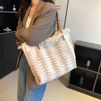 Sac fourre-tout en toile rétro grande capacité avec pompons, sac à main en chanvre tendance pour femme avec franges, impression personnalisée pour promotion de marque