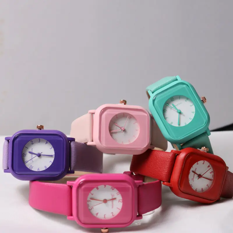 WJ-10928 Student beliebte Uhr Creative Square Jelly Quarz Leder uhr personal isierte vielseitige mehrfarbige Bänder