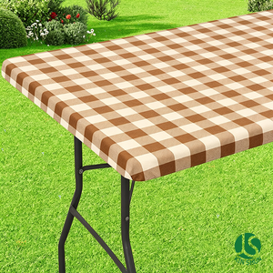 Housse de table ajustée en PEVA avec dos en flanelle de qualité supérieure, bord élastique, motif à carreaux <span class=keywords><strong>marron</strong></span> et crème, pour table de salle à manger extérieure - Product Image 1