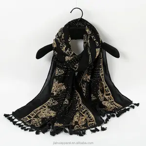 Autumn Winter Women Gold Hot Stamping Rhinestones Embroidery Flower Black Cotton Linen Pashmina Shawls Muslim Hijabs